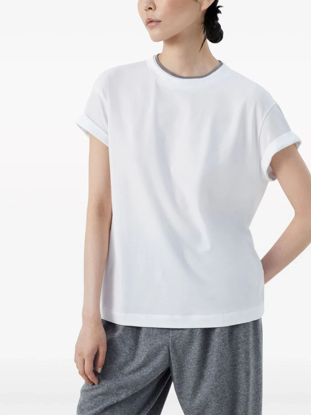 Brunello Cucinelli Women Contrast Layered T-Shirt White - Image 5